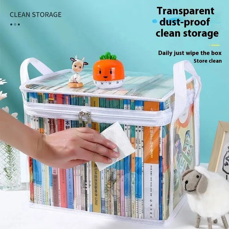 Large white foldable PVC storage bag with a transparent panel, shown next to magazines.