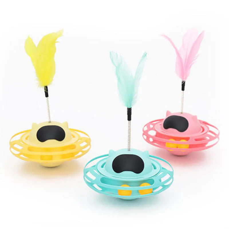 Pink cat tumbler turntable toy with rotating mechanism and cat stick, 17x10 cm dimensions