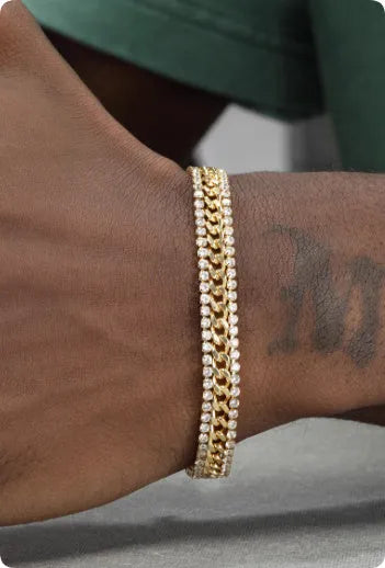 Gold tennis bracelet with titanium steel construction and stone inlay for men and women