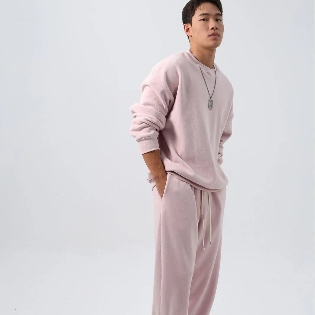 Men's loose polar fleece sports suit in army green with long sleeves and padded trousers
