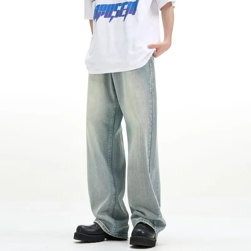 Blue loose-fit retro casual trousers made from rabbit fur fabric on a neutral background.