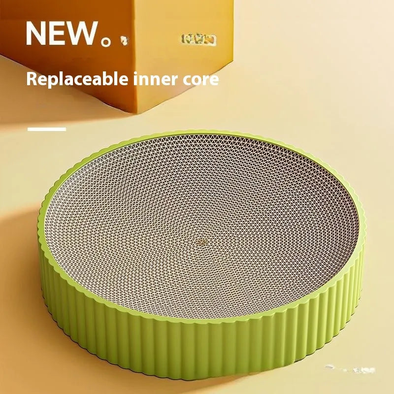 55cm round green cat scratching board with corrugated paper surface and two replacement refill packs