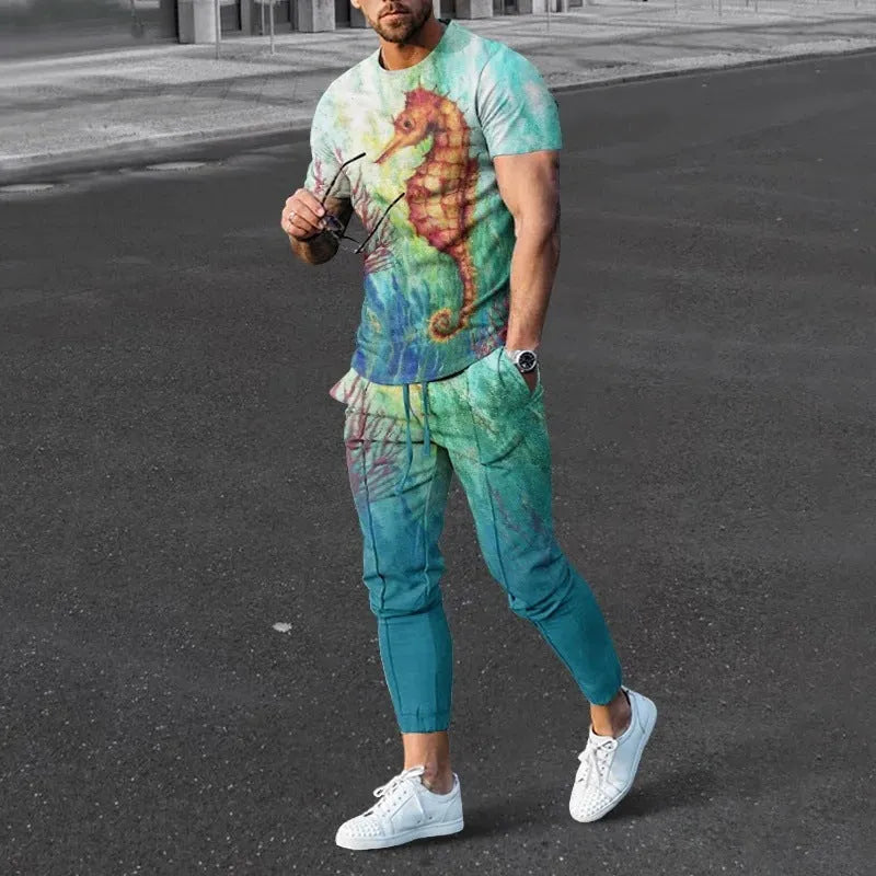 Men's short-sleeved printed pullover and matching trousers casual suit set