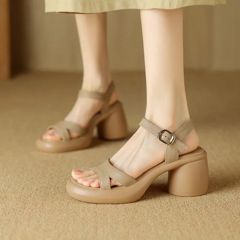 Women's open toe platform sandals with round toe design in apricot colour