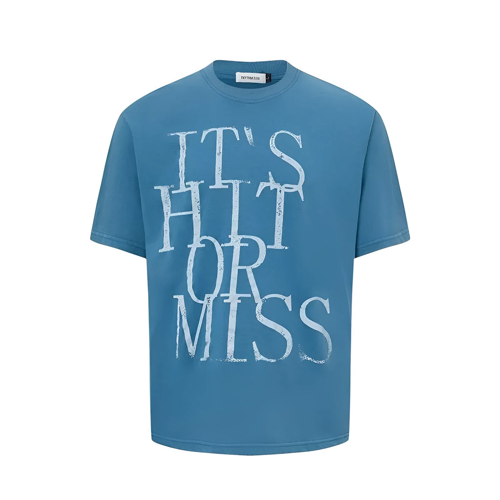 Men's blue American Retro style T-shirt with white printed letter design, round neck, loose fit
