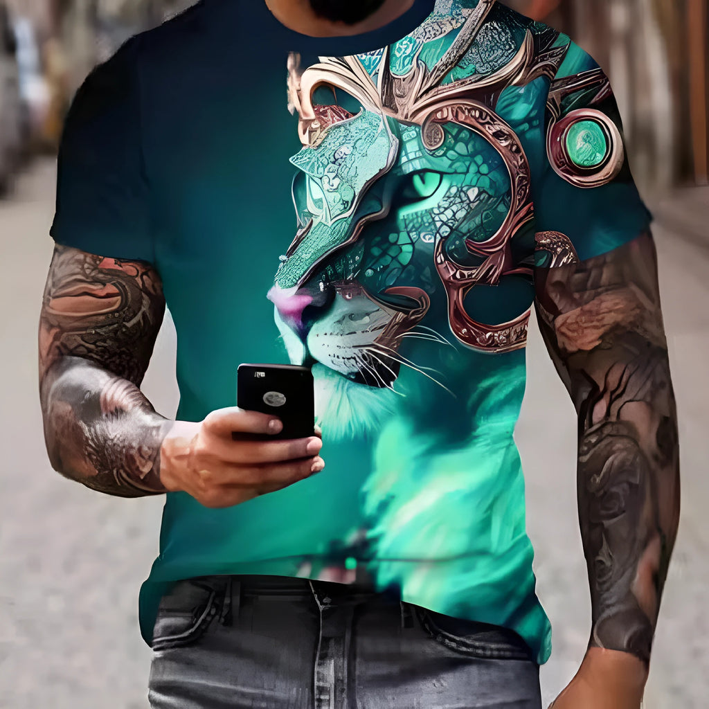 Men's grey t-shirt featuring a large, detailed 3D lion face print on the front.