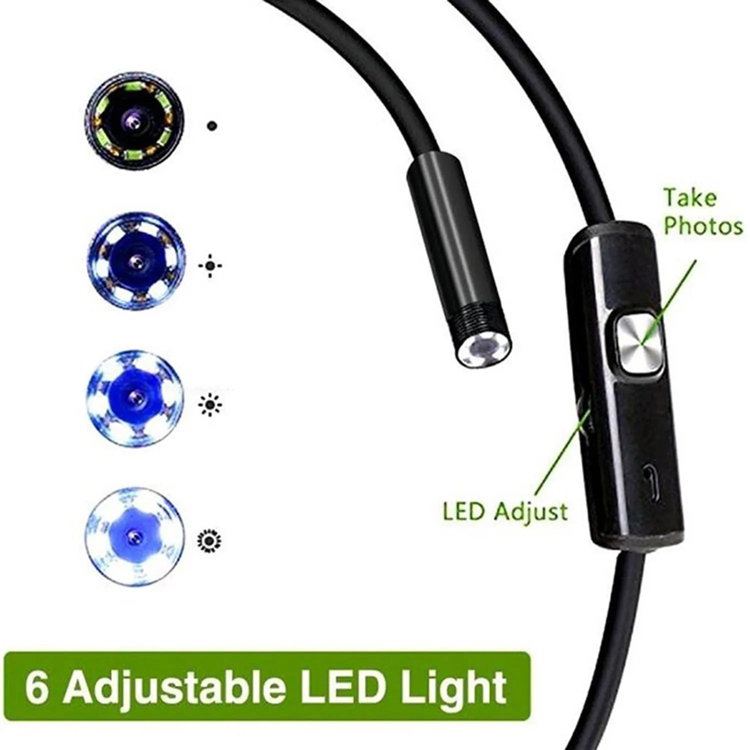 Android mobile phone endoscope with USB cable, waterproof IP67 camera head, and side mirror, hook, and magnet attachments.