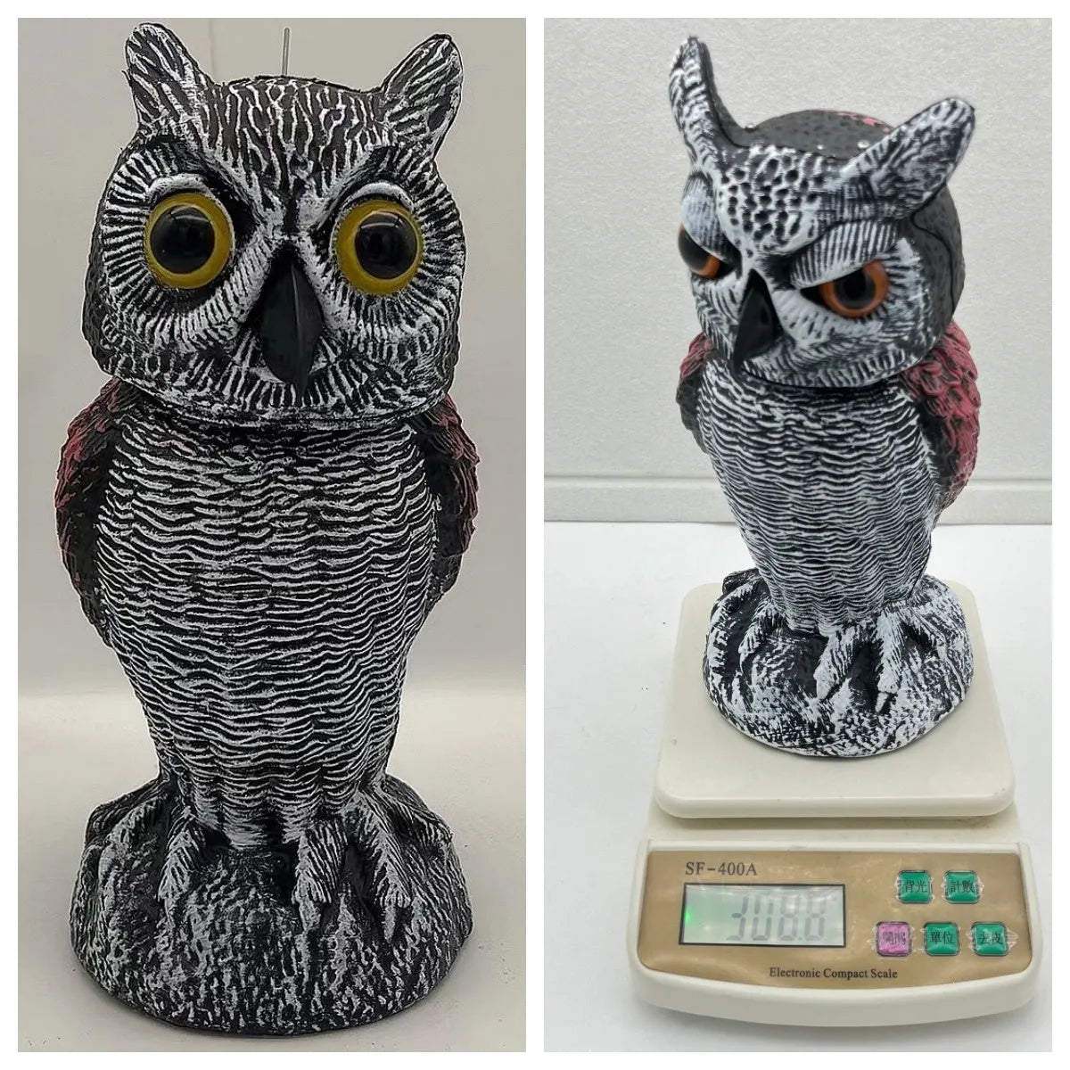 Artificial owl bird deterrent ornament with moving head in outdoor setting