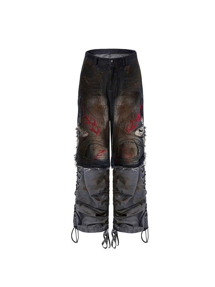 Men's retro jeans with detachable legs showing wide leg loose fit and mid-high waist
