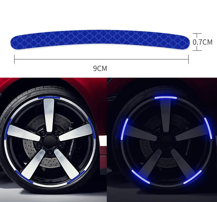Pack of 20 arc-shaped PVC reflective stickers for car wheel hubs in assorted high-visibility colours.