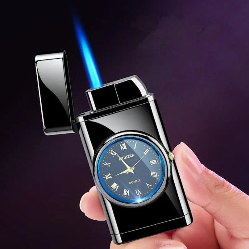 Metal electronic watch lighter with wind-resistant flame, LED light, and multiple finish options