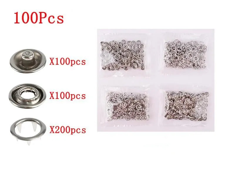 Stainless steel five claw no-sew suit buttons with pliers tool for children's clothing.