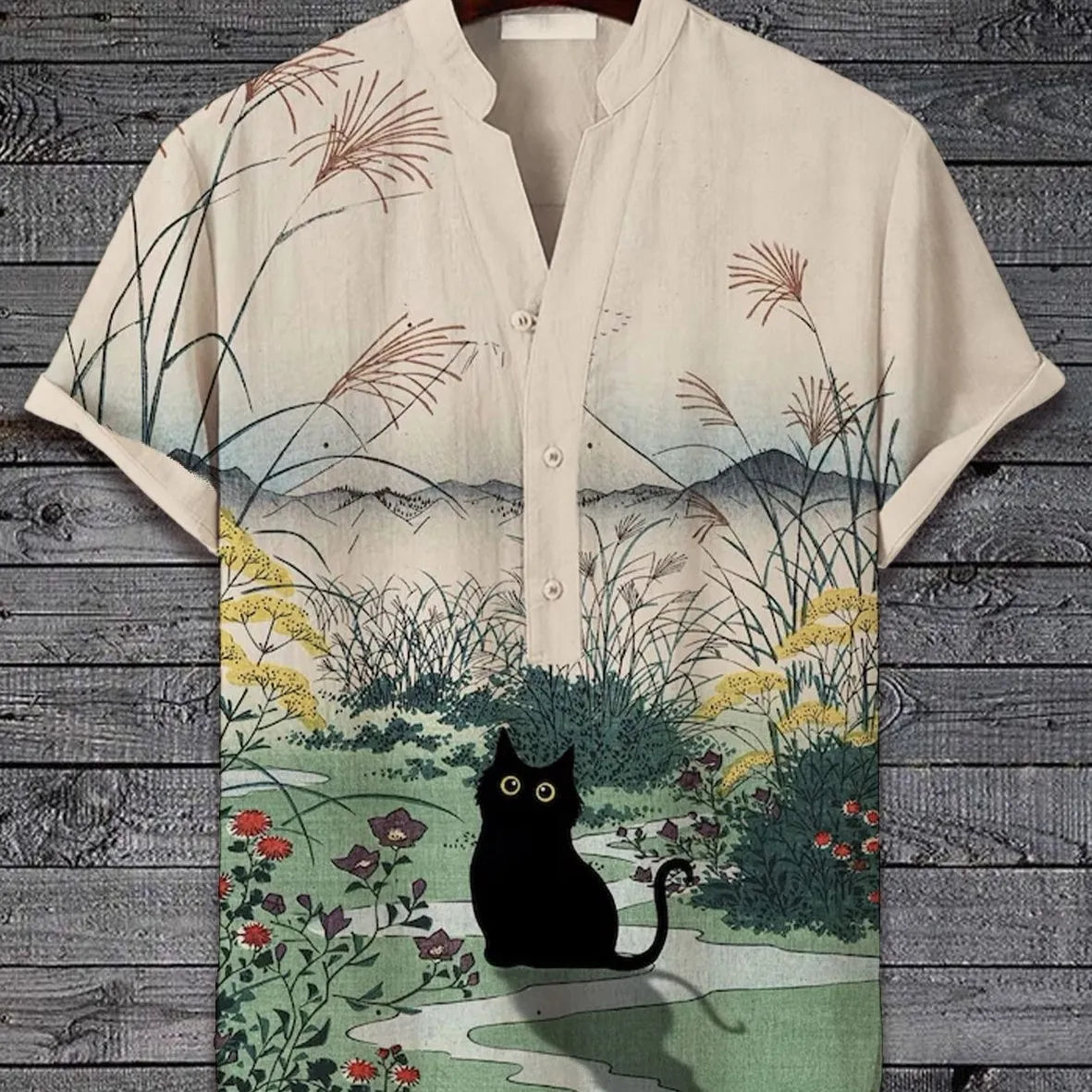 Men's 3D digital animal print short sleeve shirt showing graphic detail and colour options