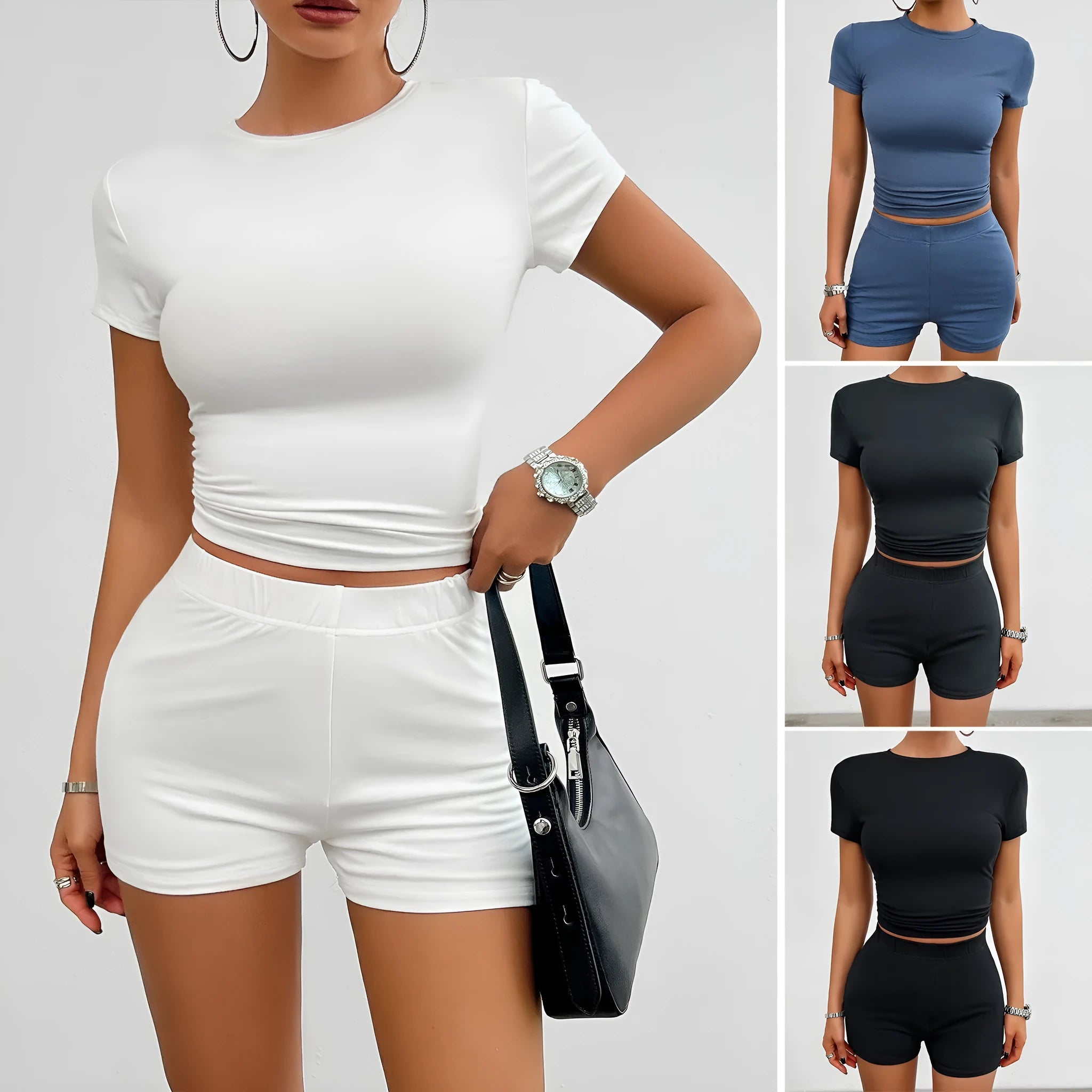 Women's solid colour slim fit sports suit set with short sleeve t-shirt and elastic shorts.