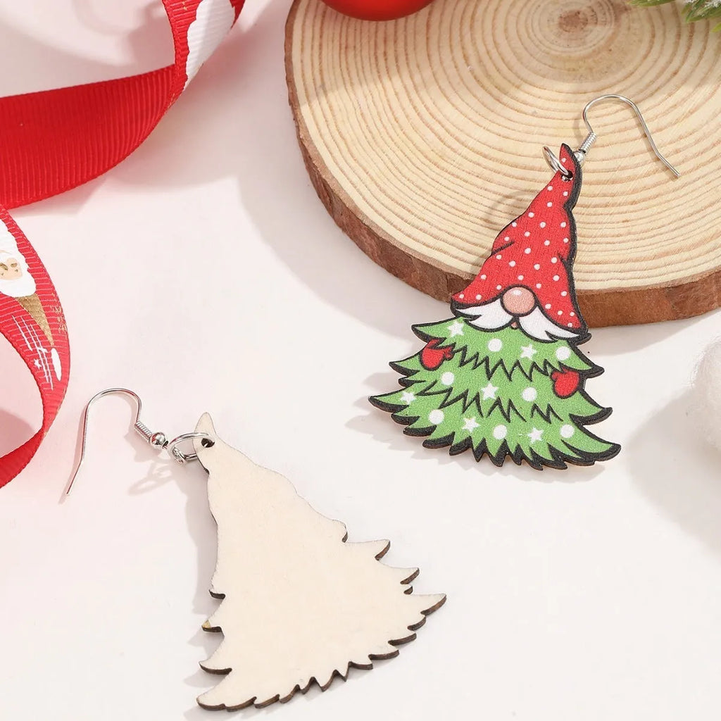 Wooden Christmas earrings with geometric shapes and printed Santa Claus holiday designs