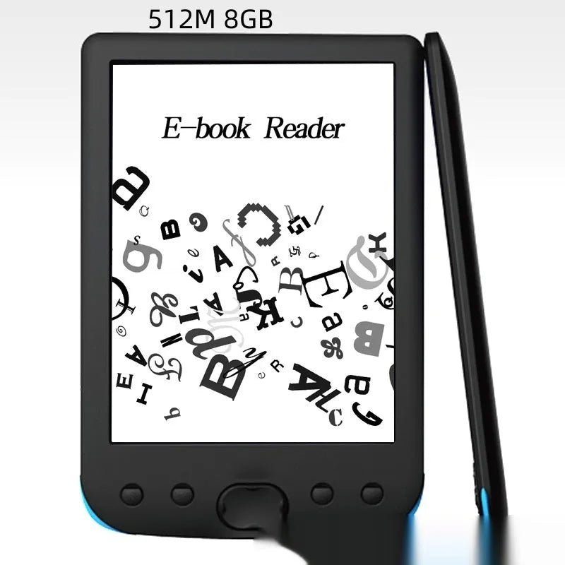 Black 6-inch E-ink screen e-book reader showing digital book display with multiple memory configuration options