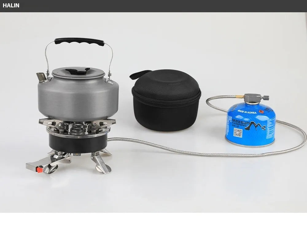 Silver folding stainless steel split camping stove with copper fittings and extended hose