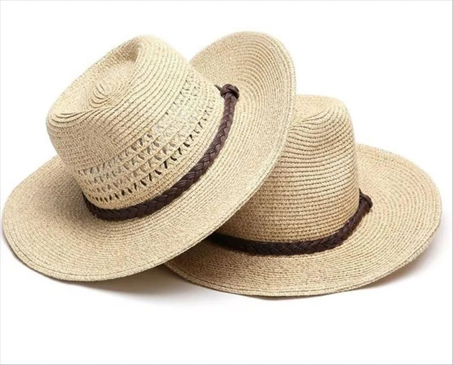 Men's foldable wide-brim straw sun hat in mixed beige shown in three circumference sizes