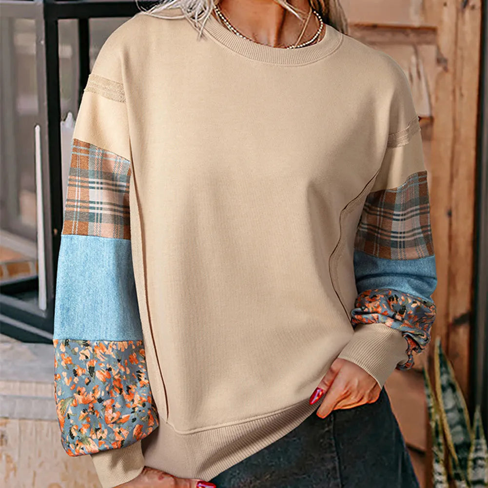 Women's loose fit long-sleeved top with beige and red plaid splicing pattern and pullover design