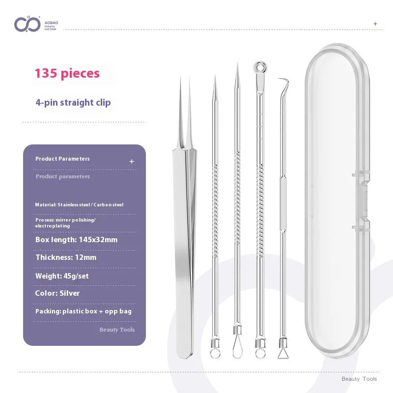 4-piece metal acne needle set with ultra fine pointed tips on silver background