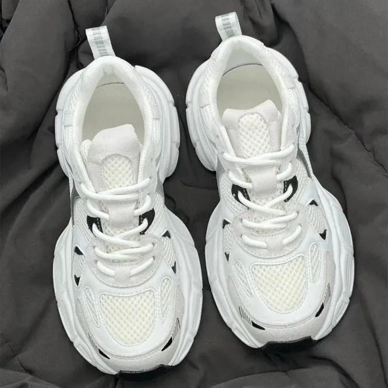 Beige mesh platform sports shoes with wedge heel and lace-up front design