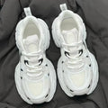 Beige mesh platform sports shoes with wedge heel and lace-up front design
