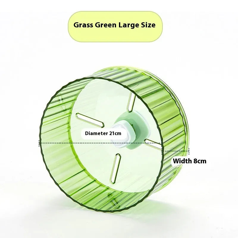 Plastic bird running wheel toy in green, orange, grey, purple or transparent colour, showing 21cm and 17cm diameter options