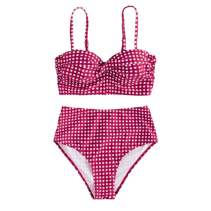 Women's plaid high-waist bikini swimsuit in rose red, black, blue, and sky blue