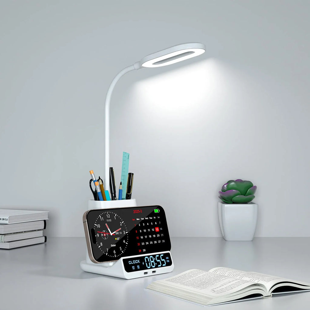 Wireless charging desk lamp with integrated pen holder storage box in modern simple design
