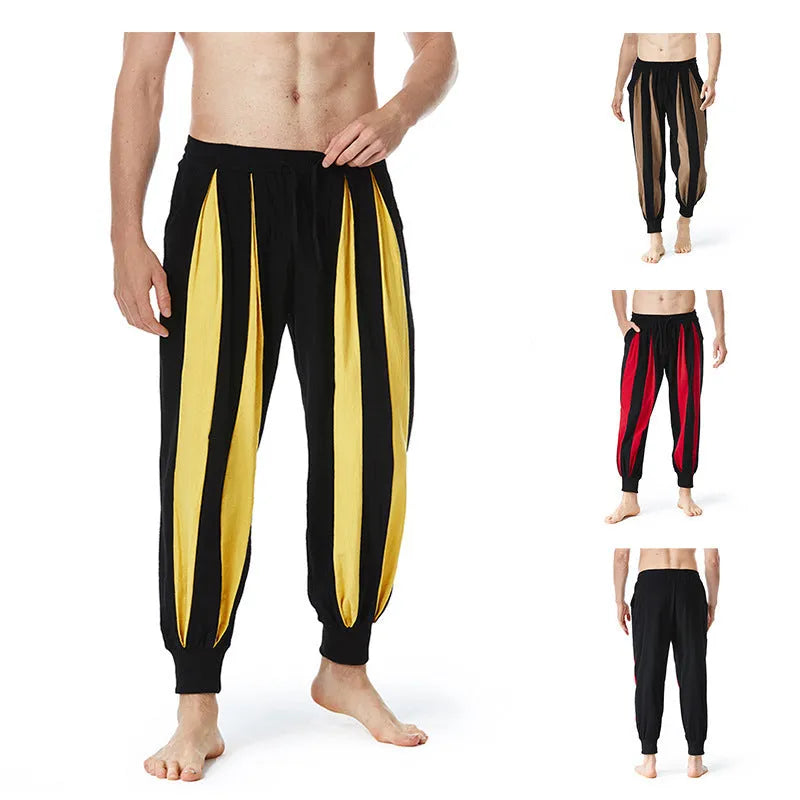 Men's straight-leg casual trousers in red, khaki, yellow, or brown colours.