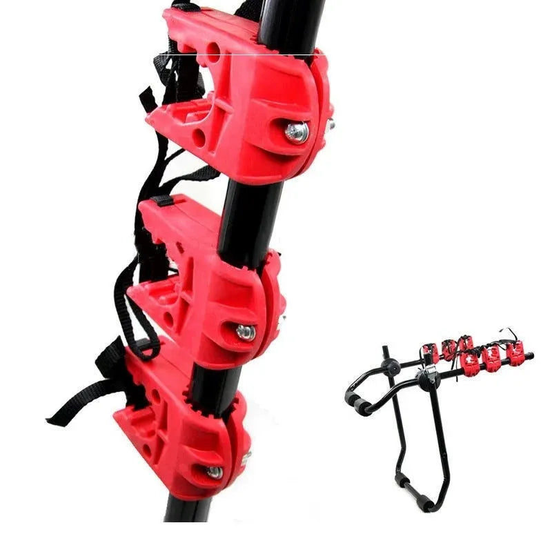 Black and red car boot mounted bike rack with iron frame and dual securing options