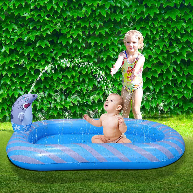 Dinosaur water spray inflatable pool with shark design play mat in blue colour