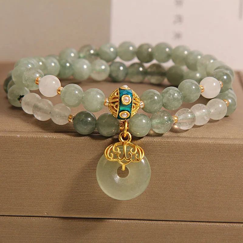 Women's double-layer aventurine jade bracelet with peace buckle in oil green colour