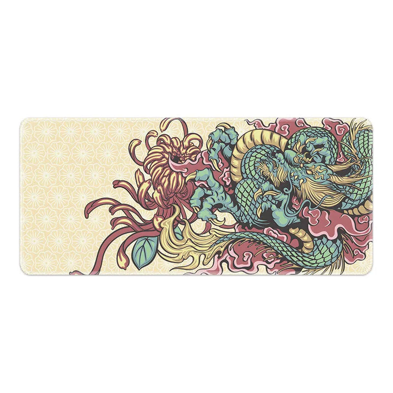 Esports dragon pattern cloth gaming mouse pad on a desk, showing non-slip backing and thermal transfer print detail.