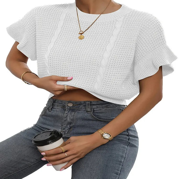 Knitted pullover sweater with twisted string ruffle short sleeves in Japanese Korean casual style