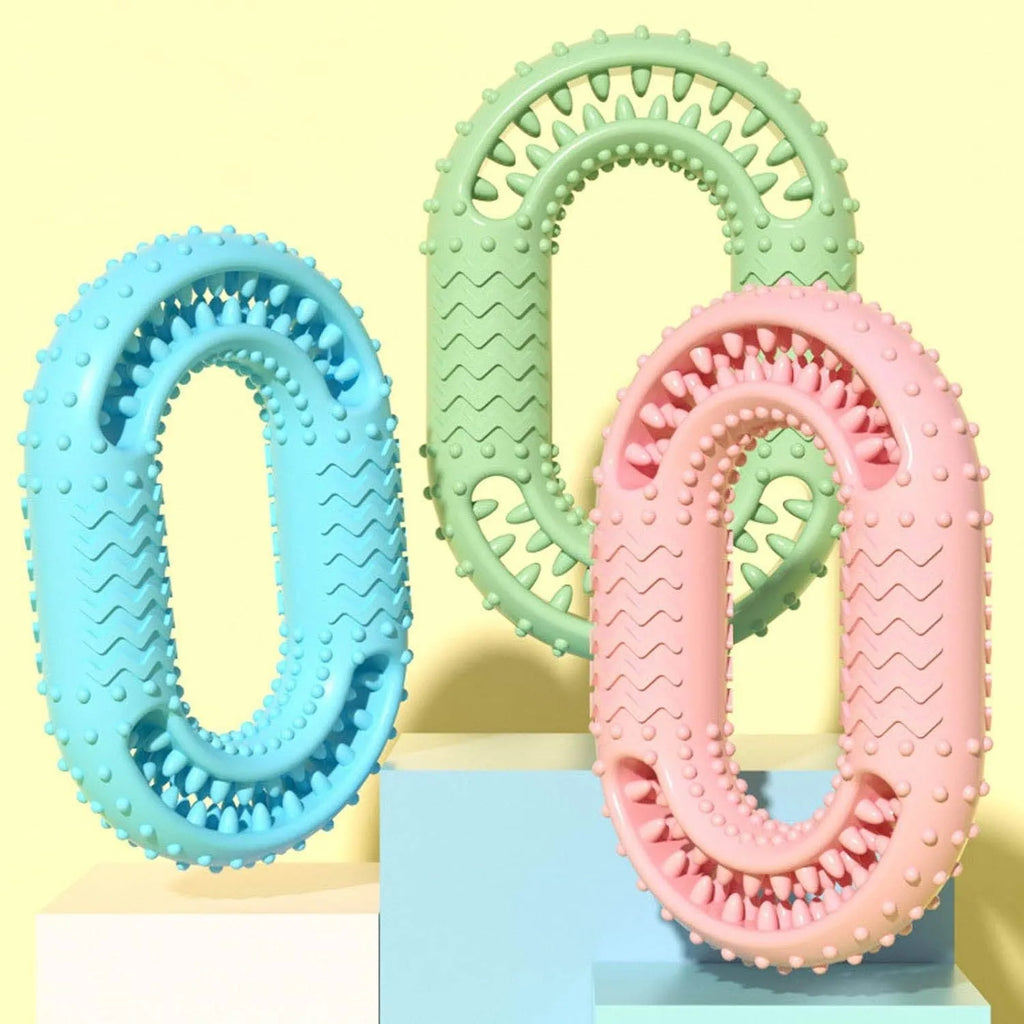 Blue durable rubber O-ring dog chew toy with dental cleaning ridges for aggressive chewers
