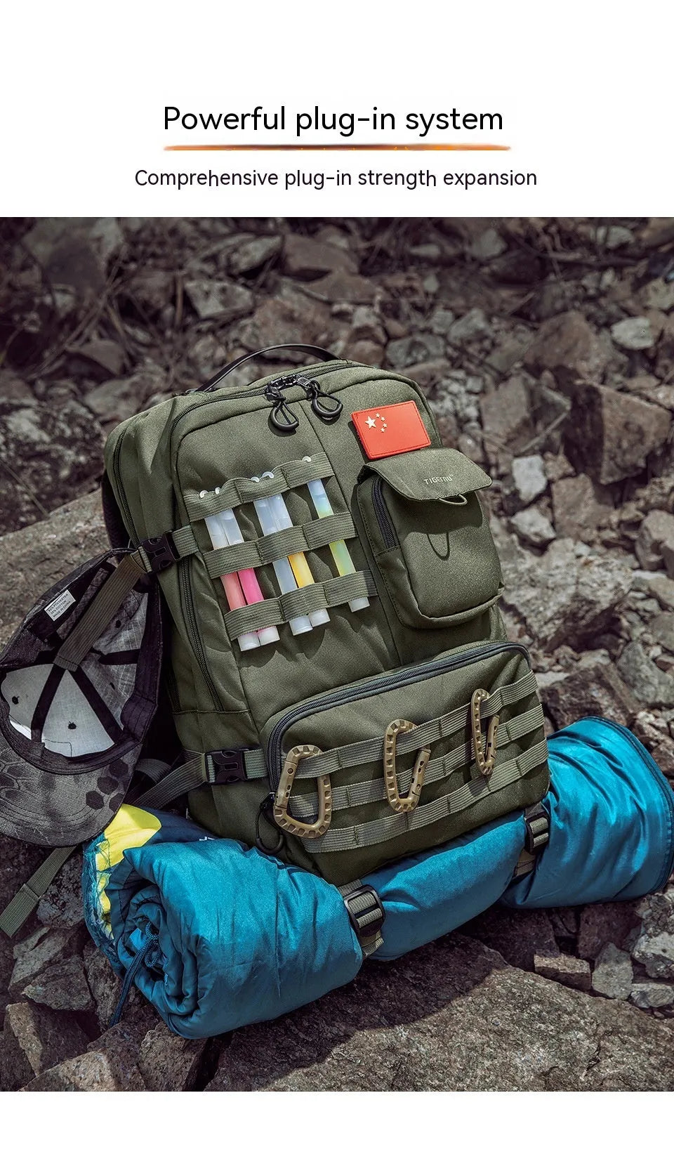 Army Green tactical nylon backpack with 17-inch laptop compartment and 20-35L capacity.