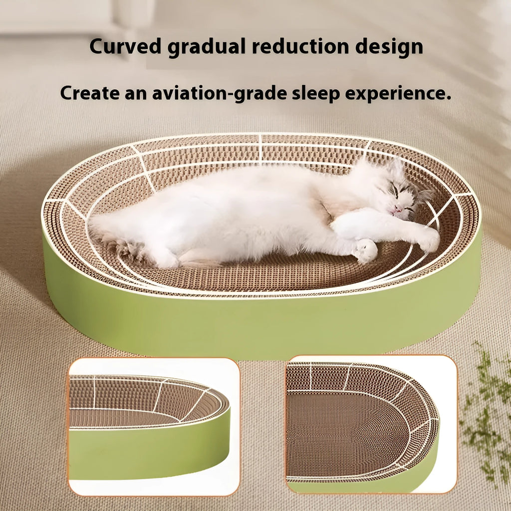 Green oval cat scratch board with integrated nest measuring 55cm in diameter