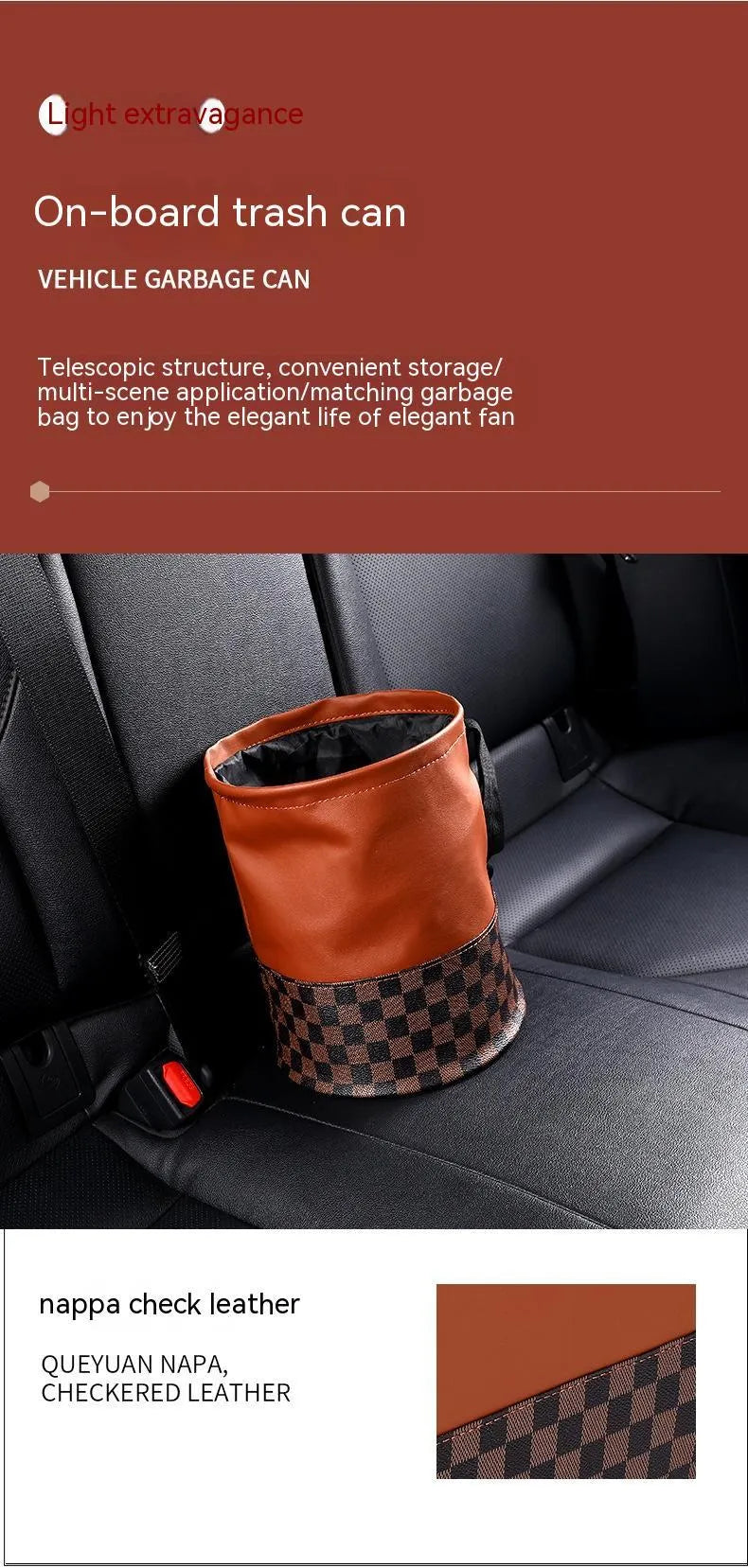 Leather retractable car interior trash can shown in folded and open states with carry handle.
