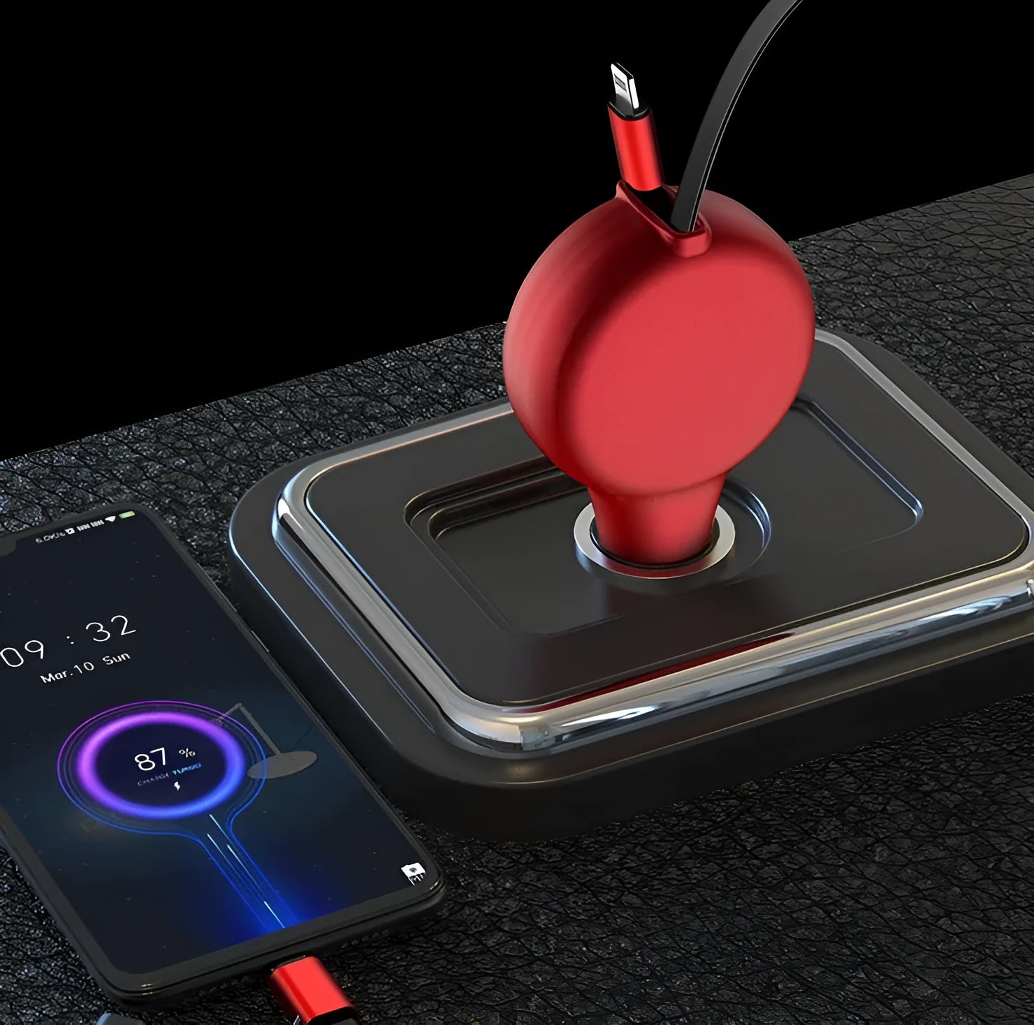Black retractable car charger with extended cables showing three different charging head types