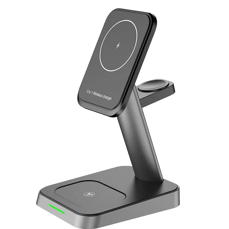 Black vertical wireless phone charger with smartwatch charging and integrated power bank