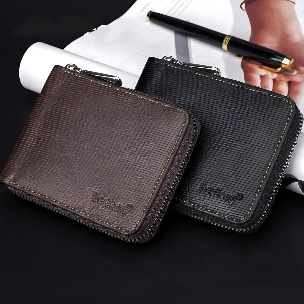 Black PU leather anti-theft credit card wallet with zipper closure and embossed design