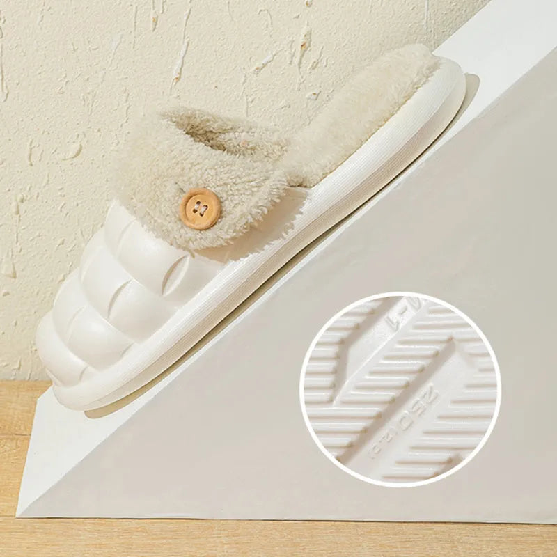Plaid patterned detachable EVA slippers for women with plush lining and anti-skid sole.