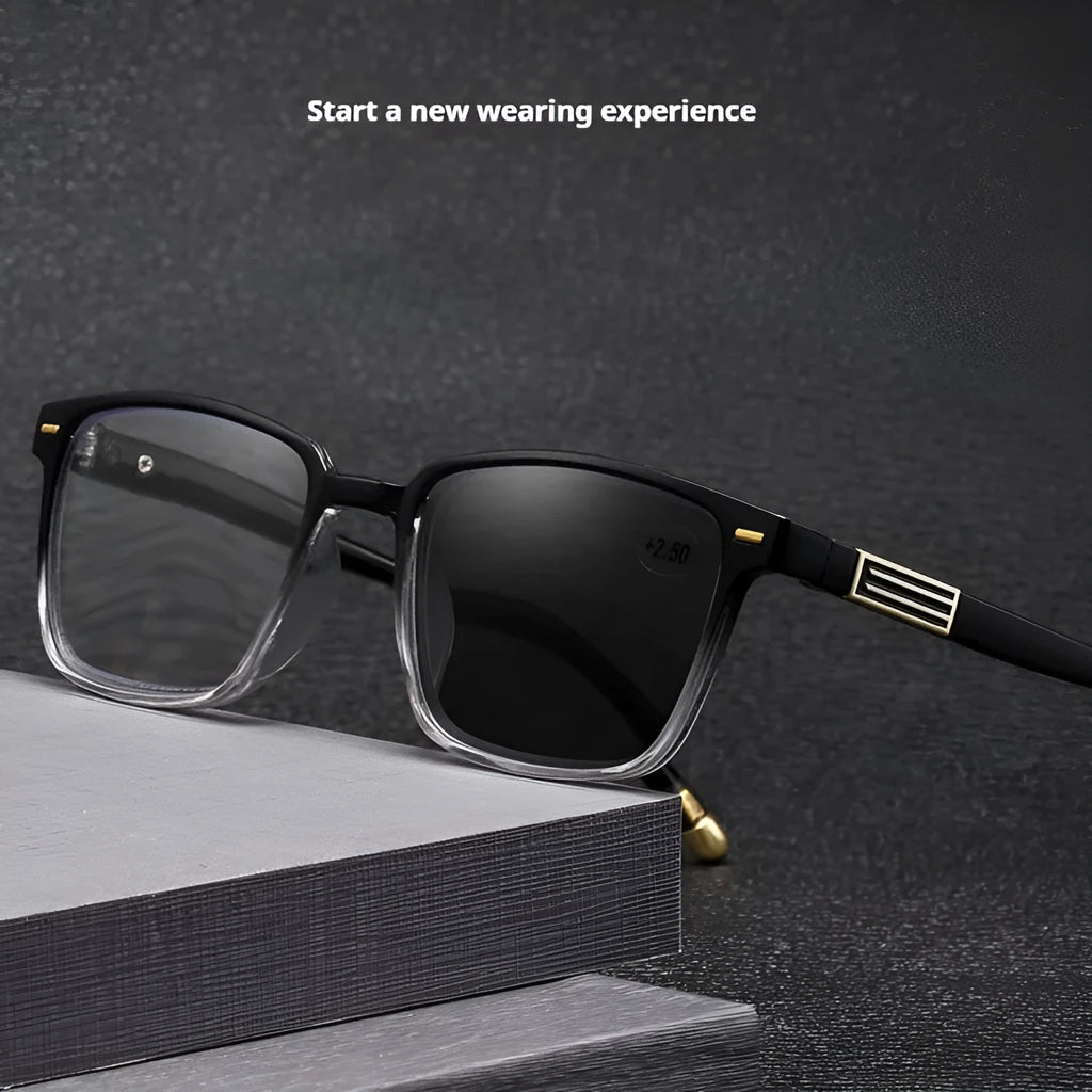 Anti blue light multifocal reading glasses with colour-changing grey PC lenses in a black and silver frame style.