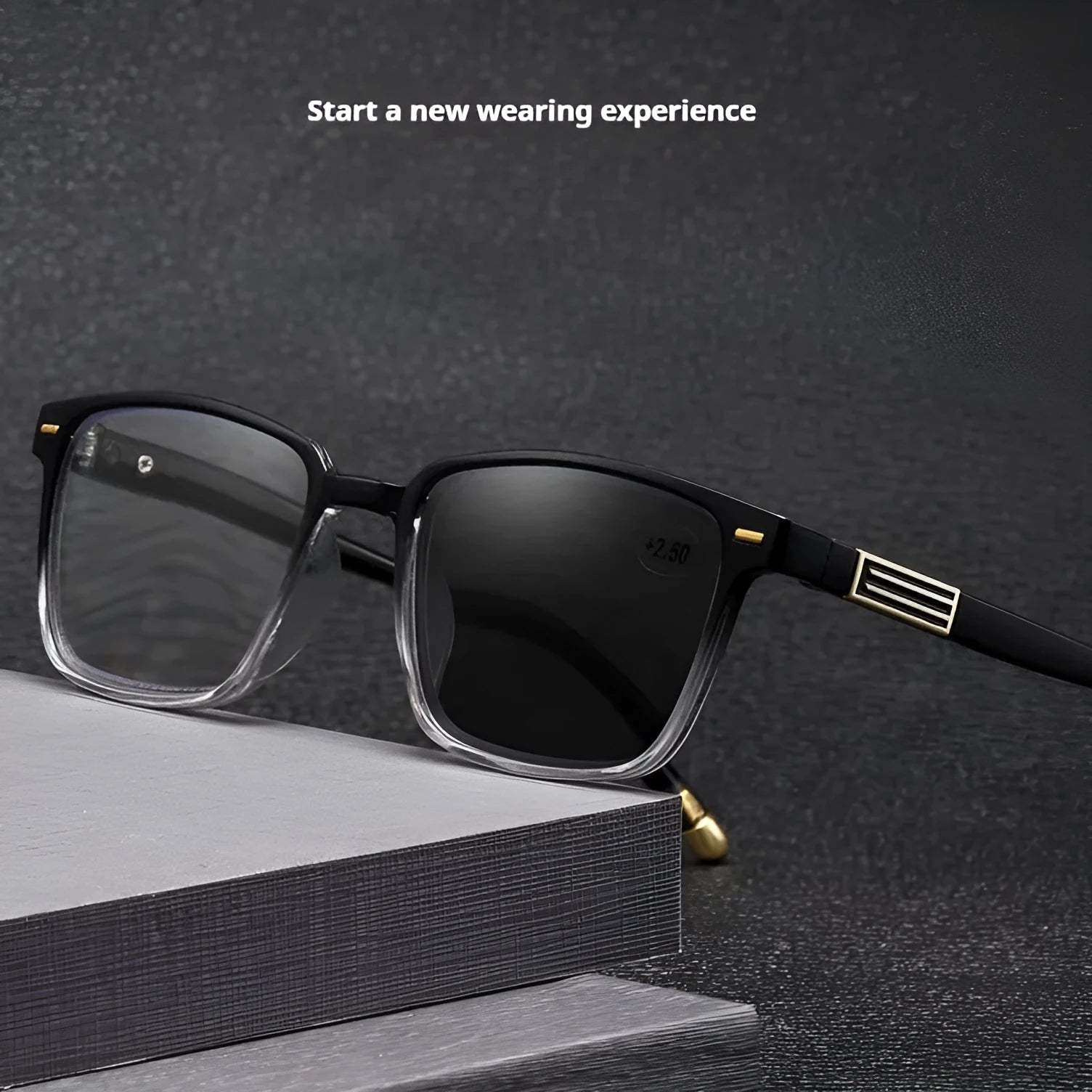 Anti blue light multifocal reading glasses with colour-changing grey PC lenses in a black and silver frame style.