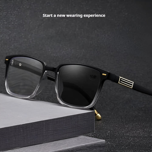 Anti blue light multifocal reading glasses with colour-changing grey PC lenses in a black and silver frame style.