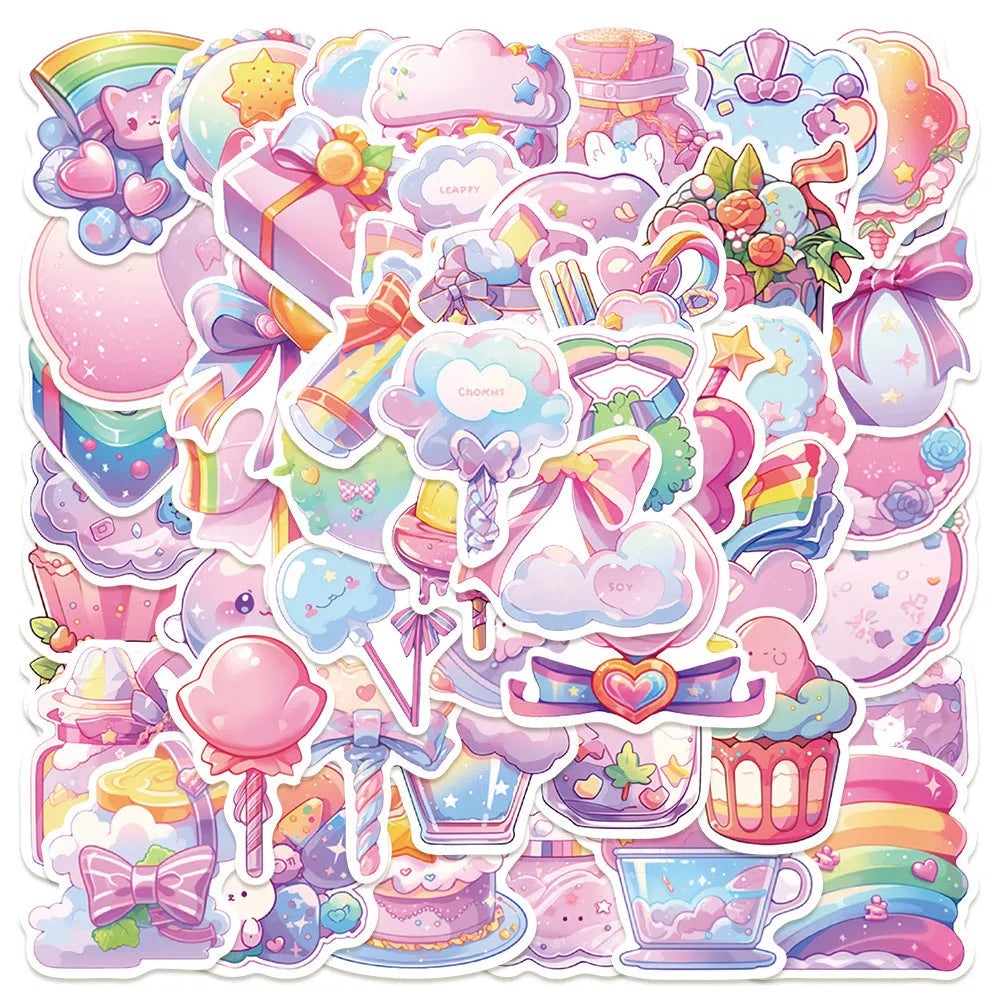 Pack of 50 colourful cute candy and small object waterproof stickers ranging from 4cm to 7cm in size.