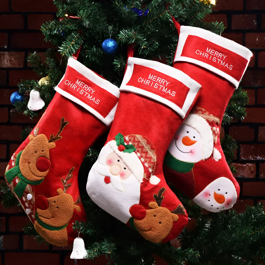 Christmas candy bag non-woven fabric decoration with elk, elderly man, or snowman design for holding stockings.