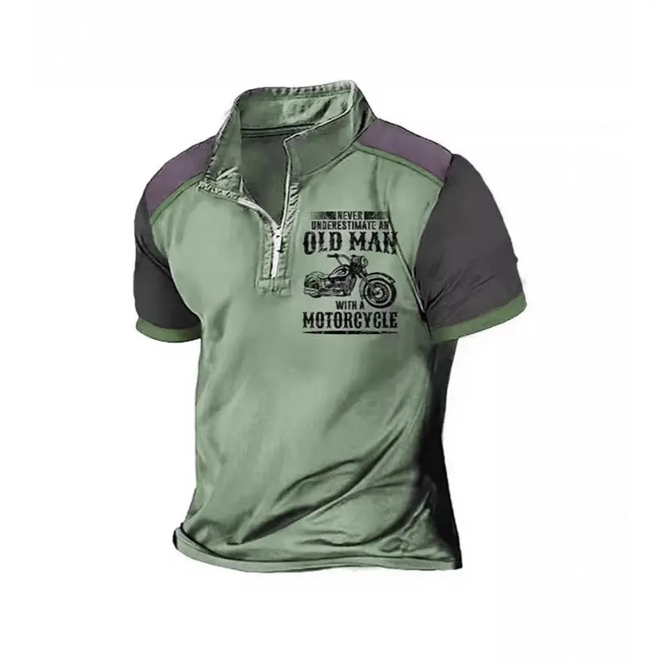 Men's casual polo shirt with zipper decorations on the lapel and a digital letter print design on the front.