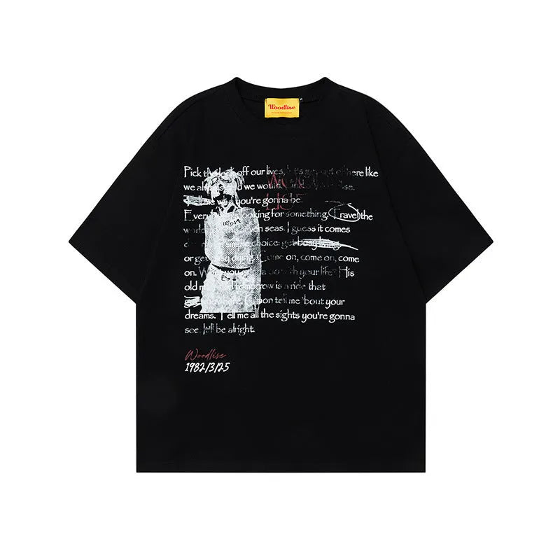 Men's black loose-fit pure cotton t-shirt with white printed letter design and raglan sleeves.
